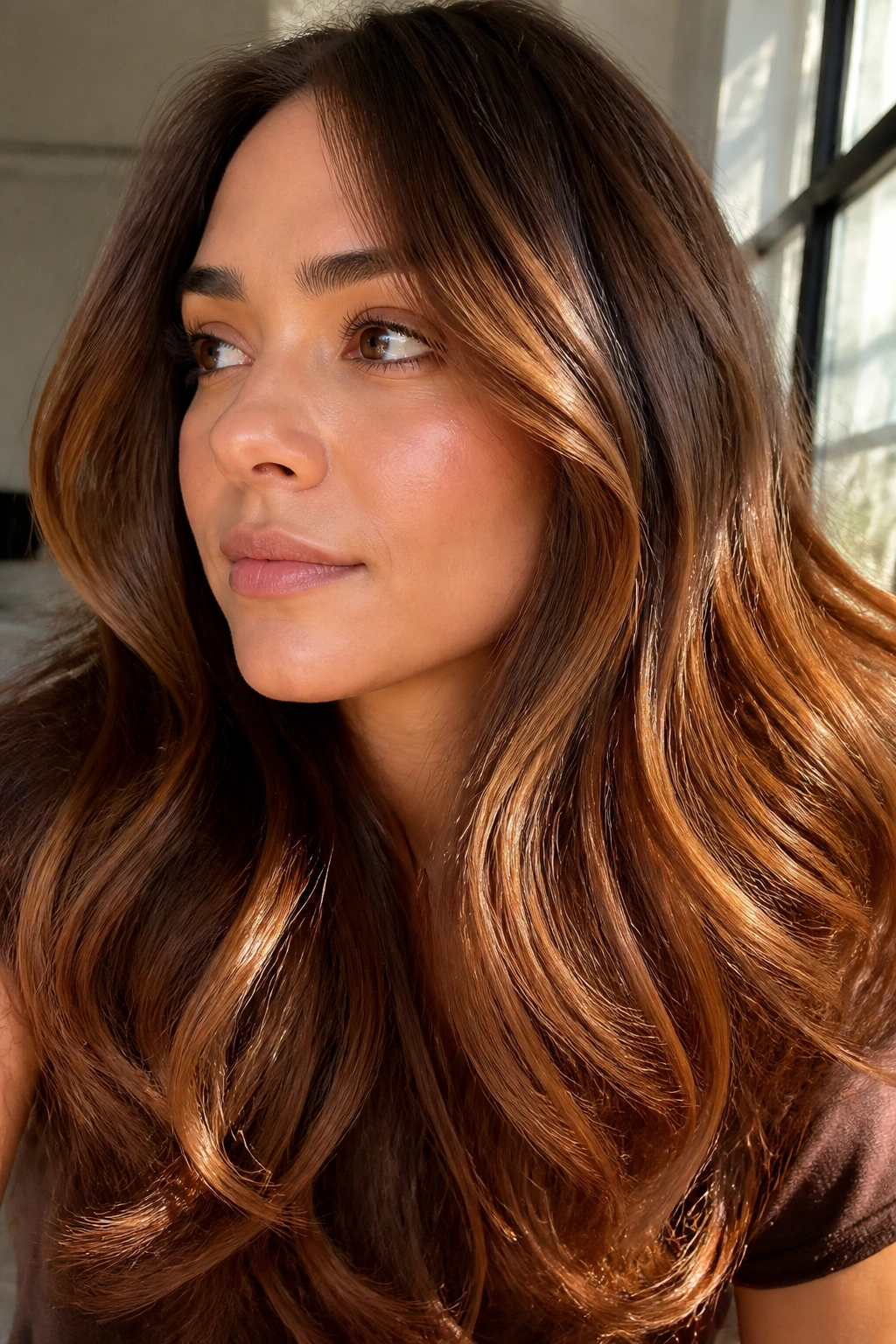 Close-up portrait of a woman with maple brown hair and gold-brown reflections
