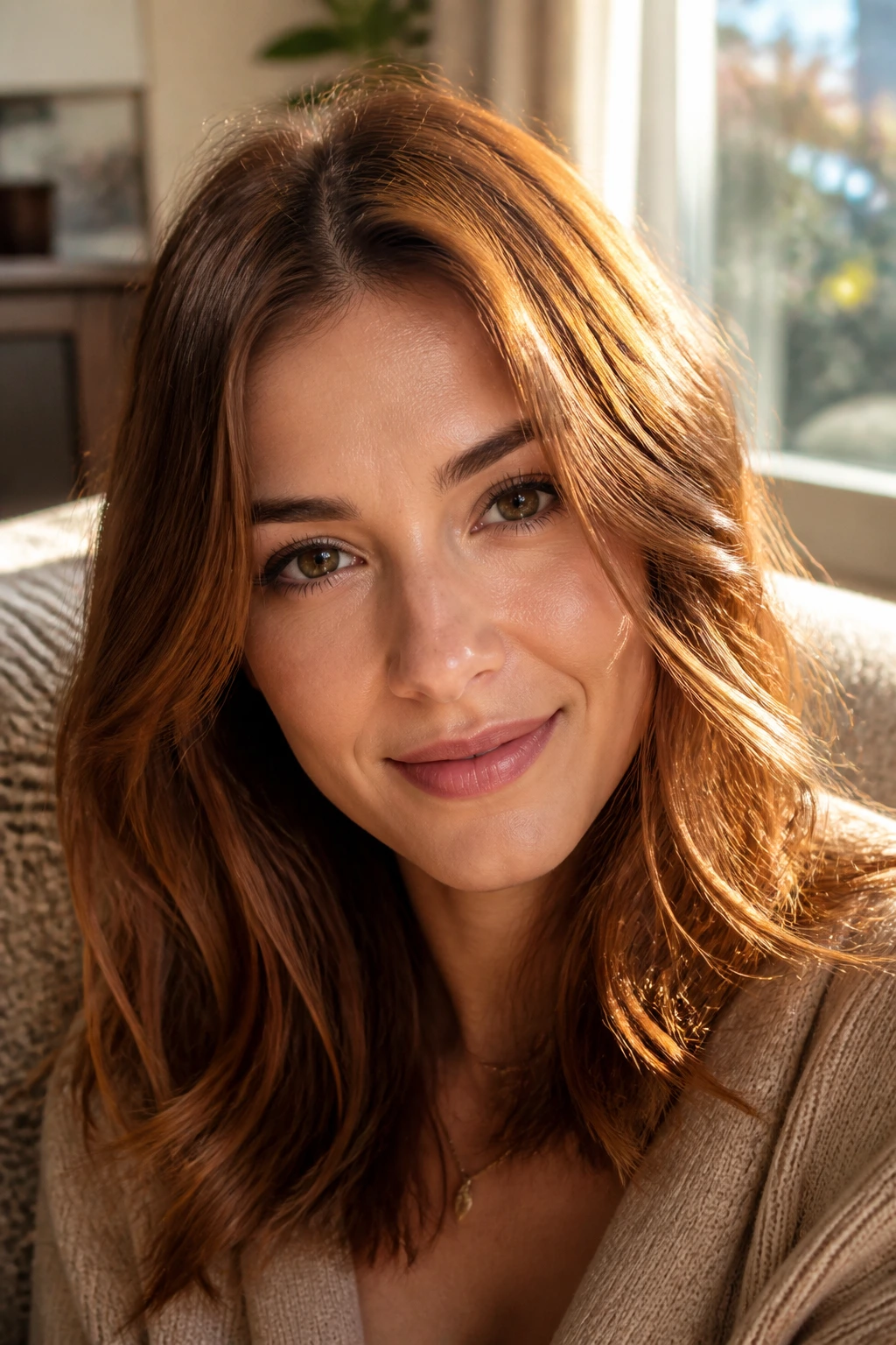 Close-up of a woman with maple brown hair and warm undertones