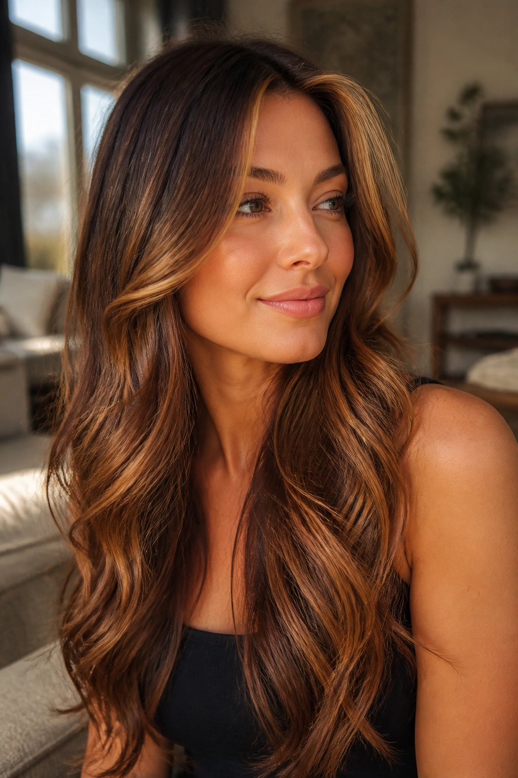 Close-up of maple brunette with amber veils catching warm light