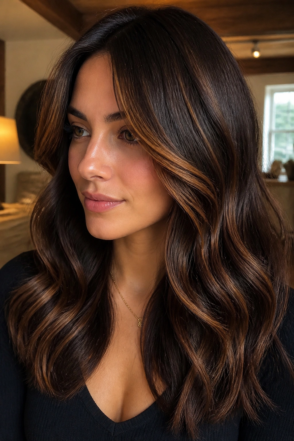 Close-up portrait of a real person with dark chocolate hair and maple highlights in warm indoor light