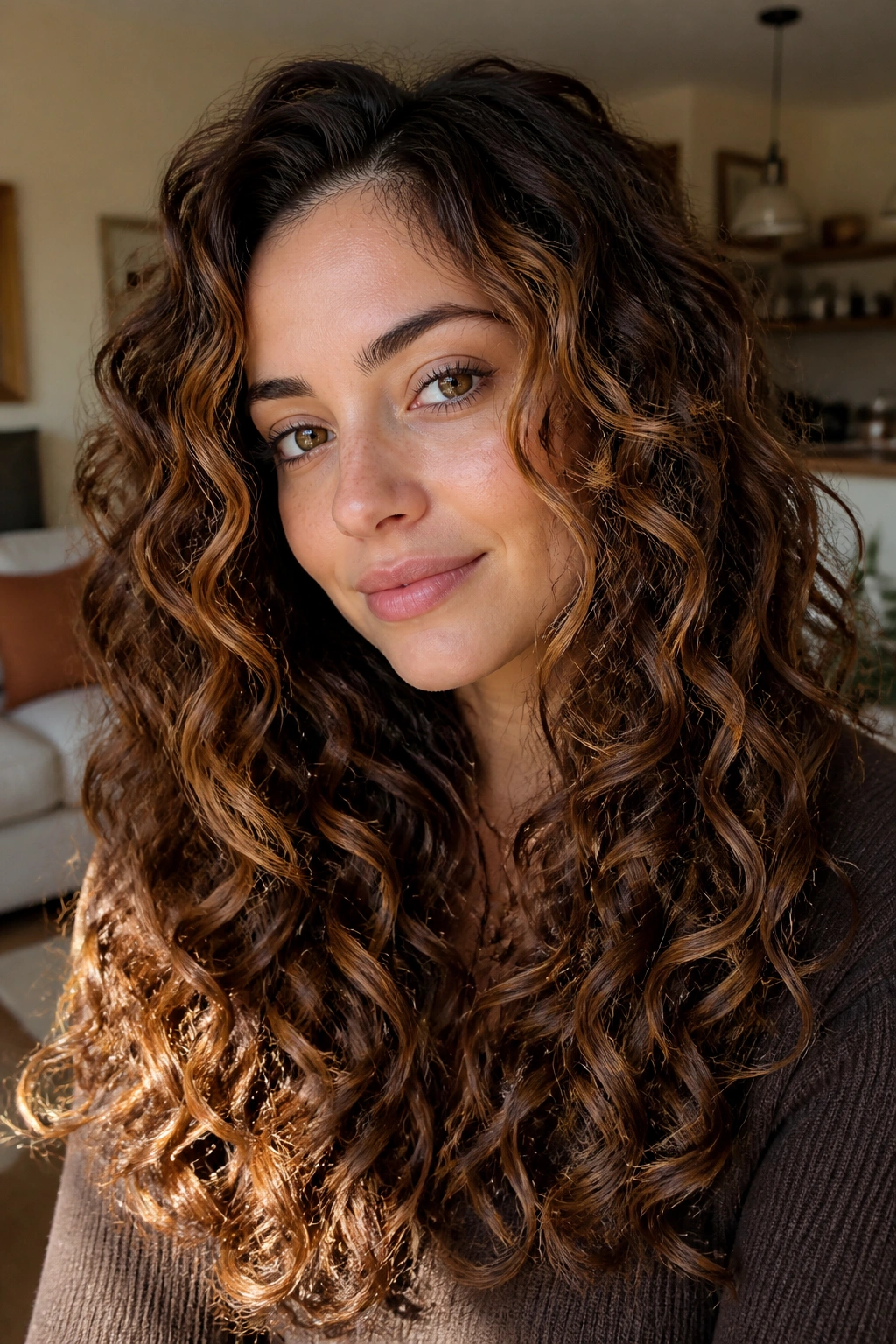 Close-up of a real woman with long curly brown hair showing maple highlights along the curls