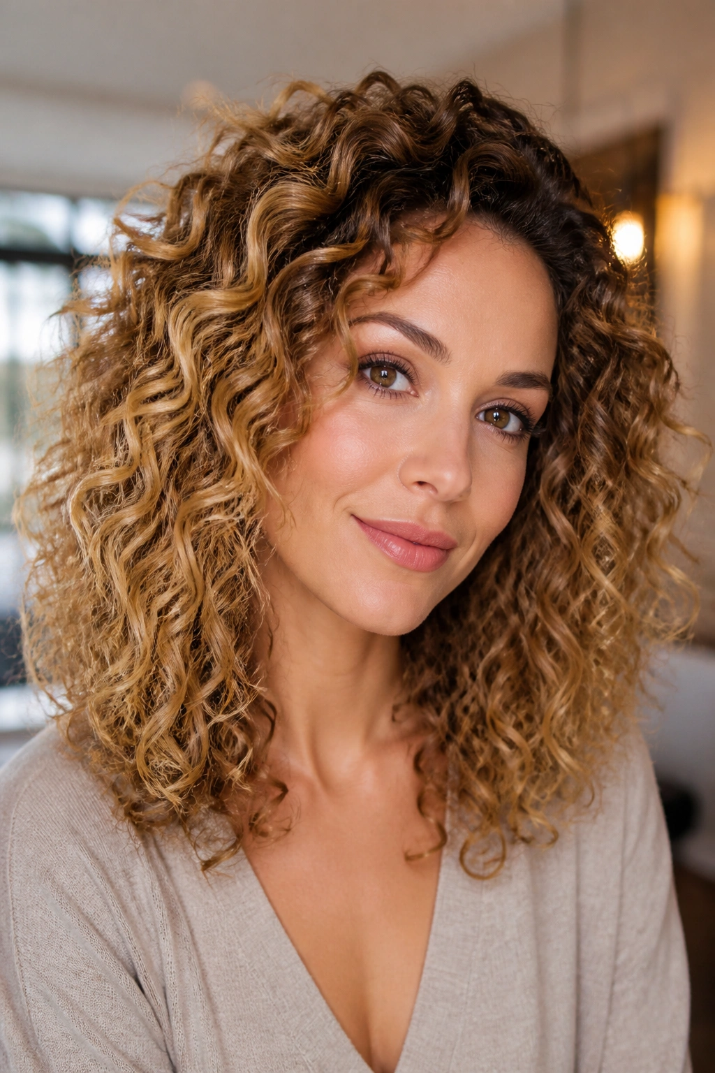 Close-up of real woman with maple melt warm tones in curly hair