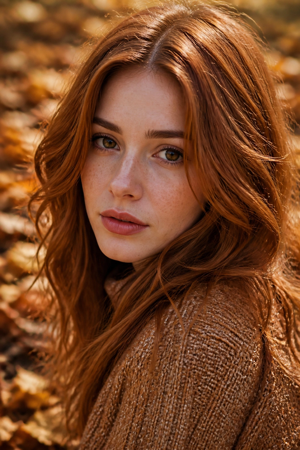 Close-up portrait of a real person with maple spice red hair in autumn light