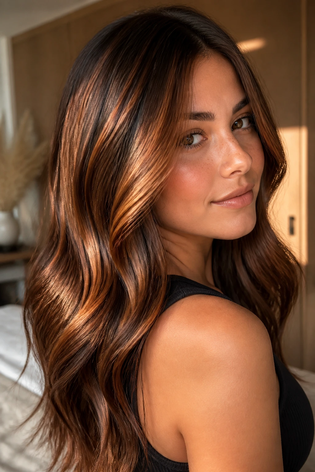 Portrait of glossy maple syrup amber highlights on hair.