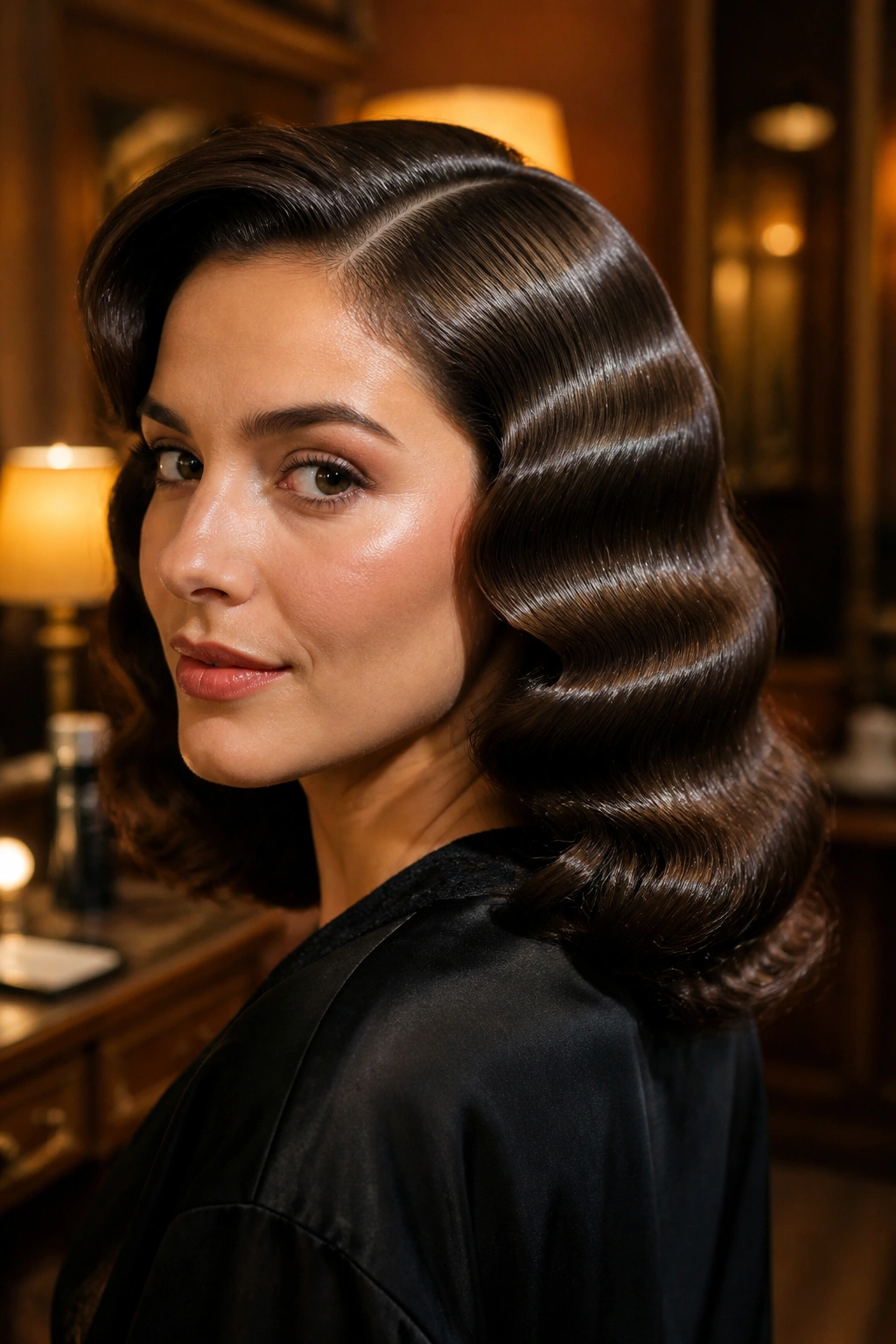 Close-up of a woman with Marcel waves and a glossy finish in a backstage lounge