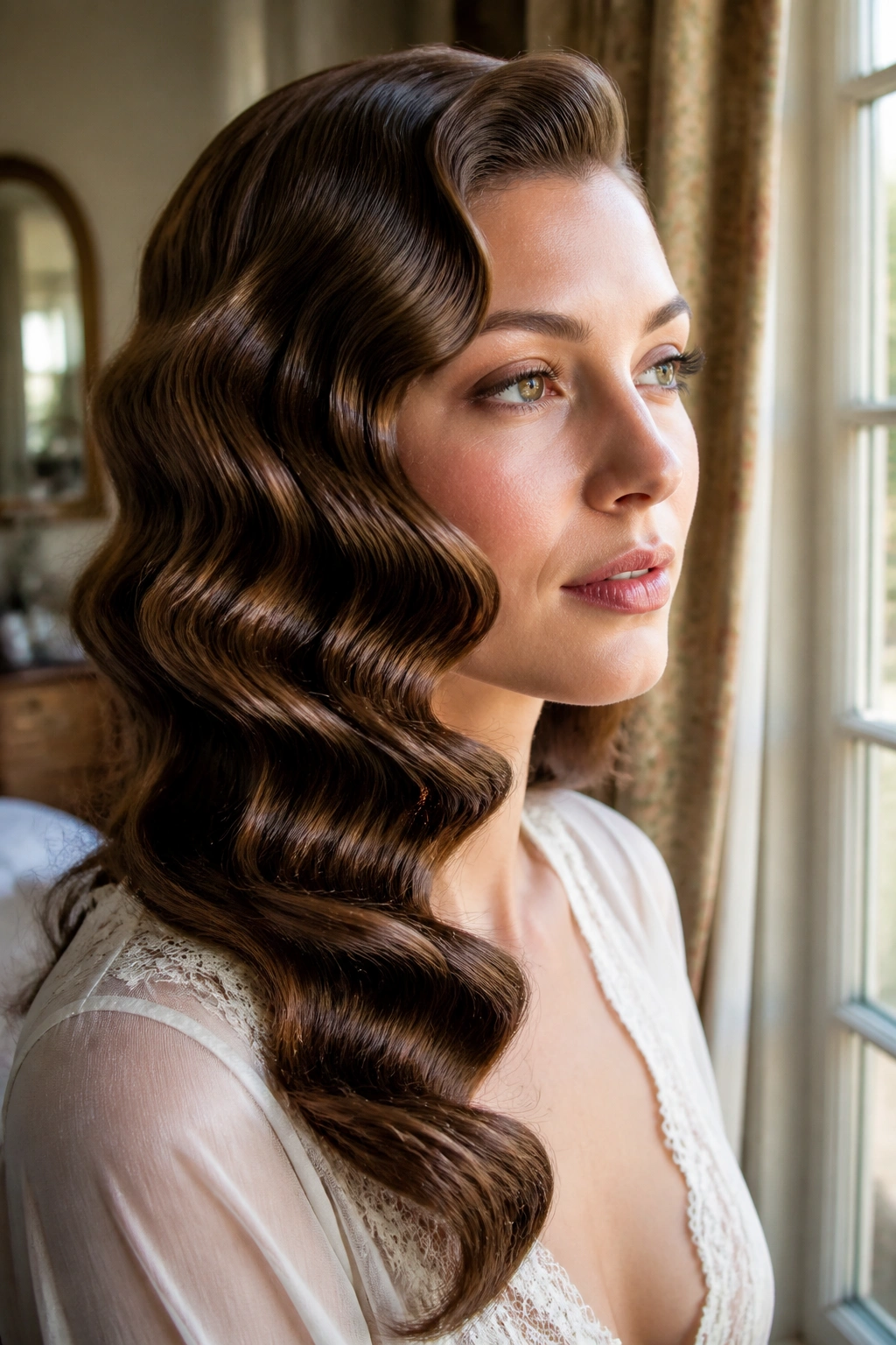 Real woman with Marcel waves and a soft shine in a close-up portrait
