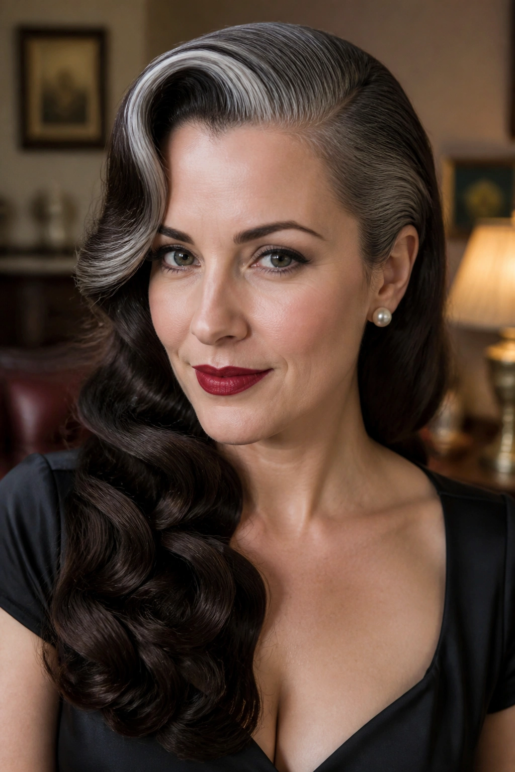 Close up of a real woman with side swept Marcel waves and a silver skunk stripe
