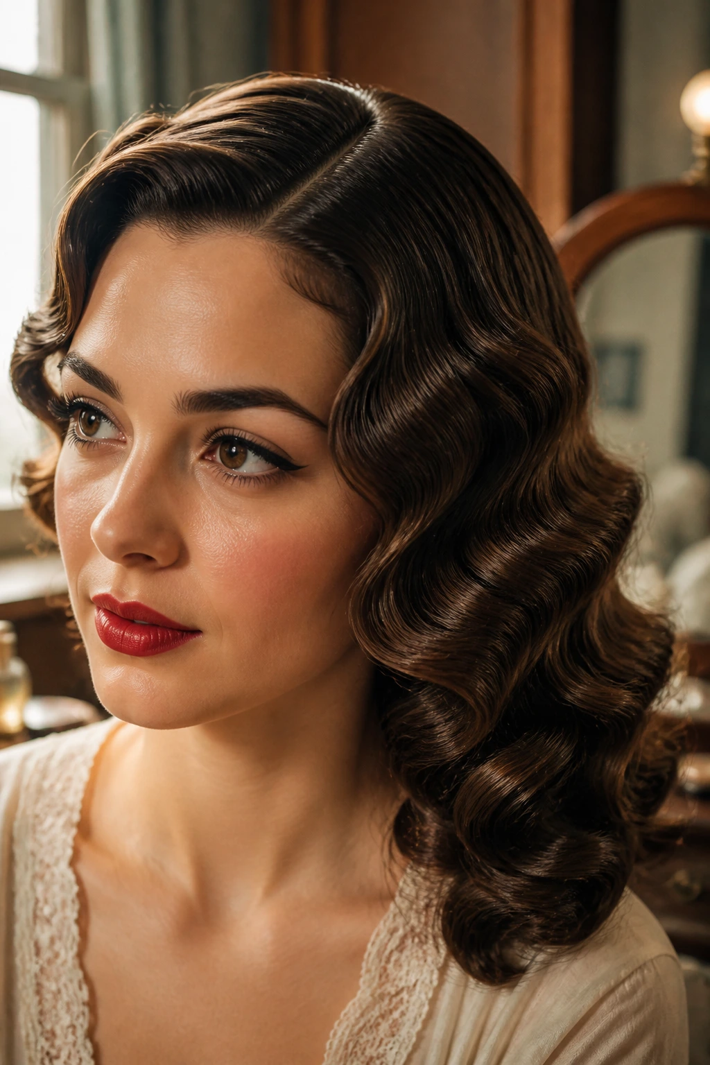 Close-up portrait of a real woman with Marcel waves in warm vintage lighting.
