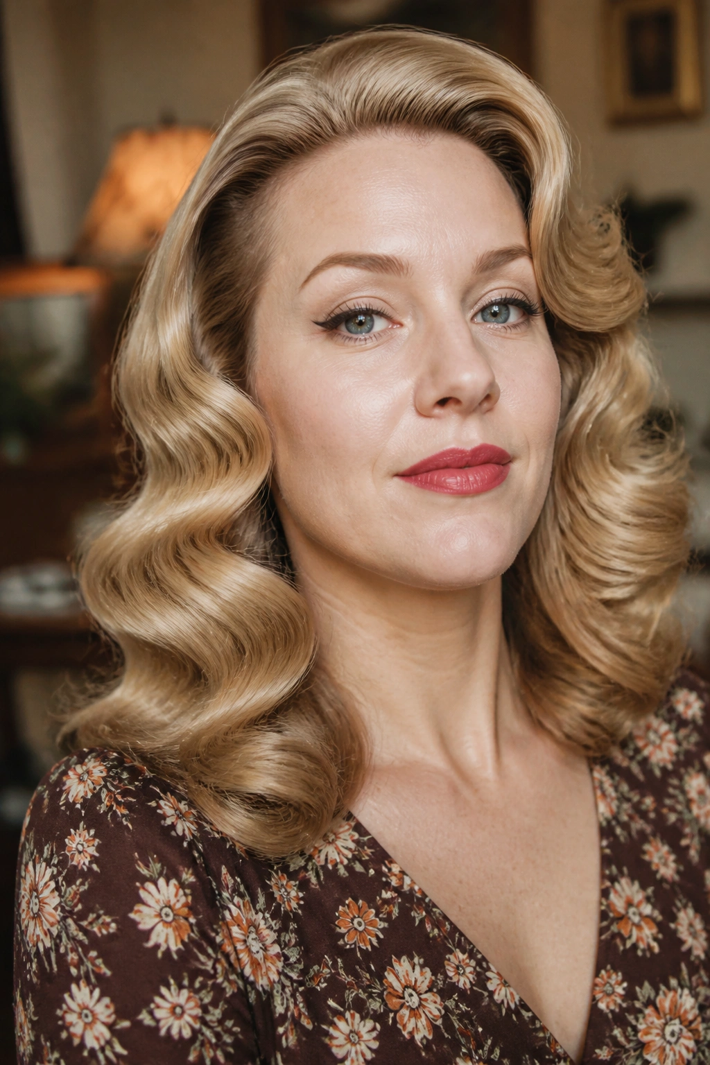 Close-up of a real woman with soft Marilyn waves from large pin curls