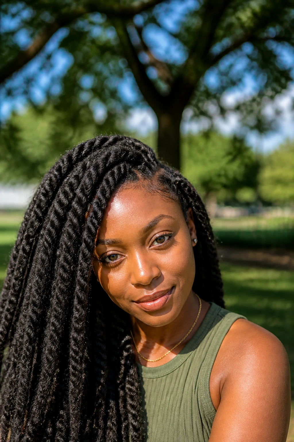 Close-up of a real woman wearing Marley twists with matte texture in natural light