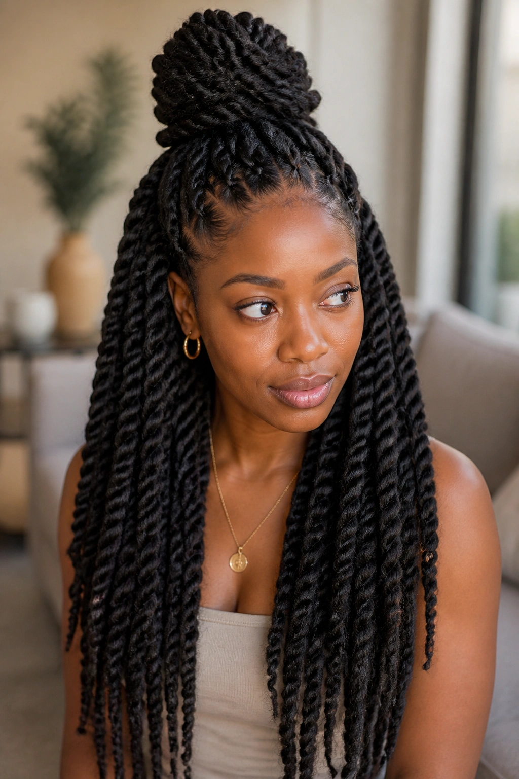 Medium close-up of a real woman with Marley twists half-up style in natural light