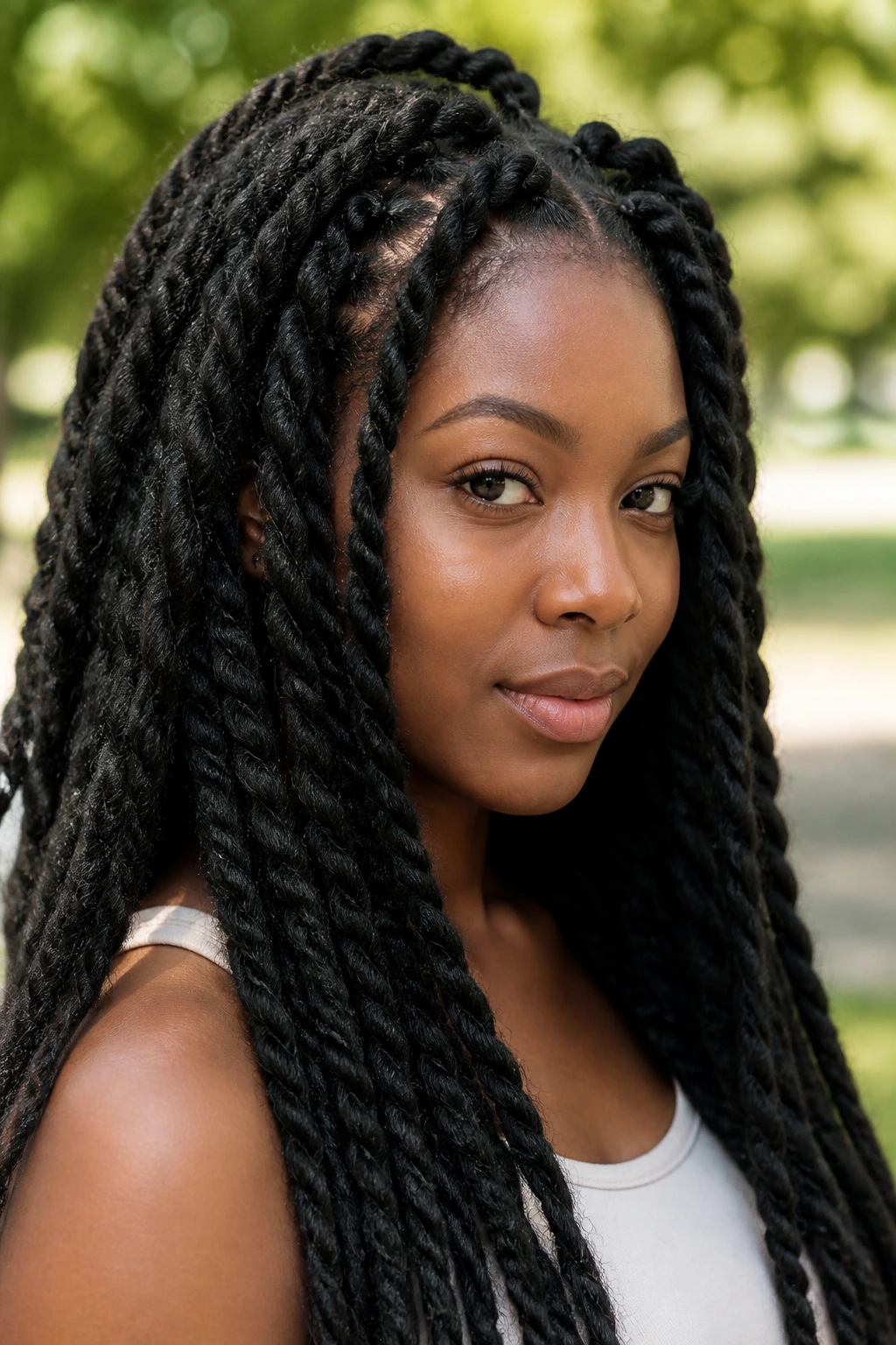 Close-up of a real woman with Marley twists in natural daylight