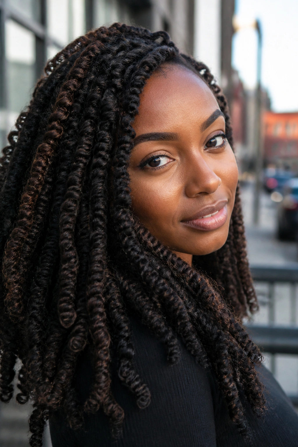 Close-up portrait of a real woman with Marley twists on an urban street