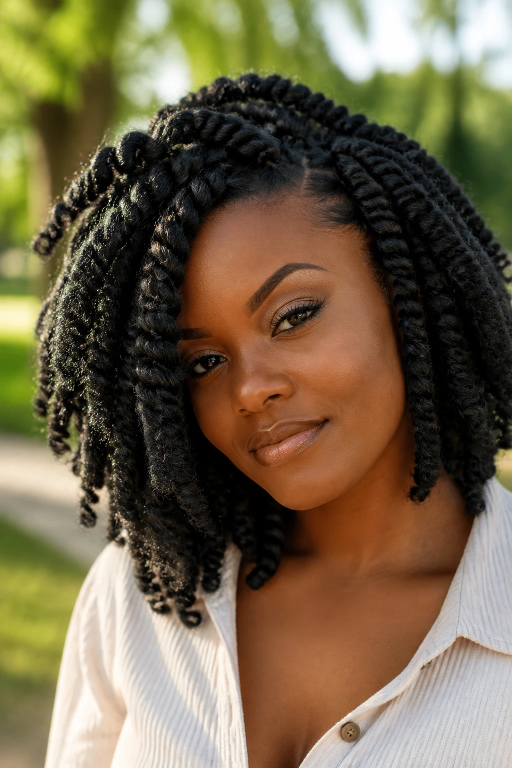 Shoulder-length Marley twists on a real woman in natural daylight