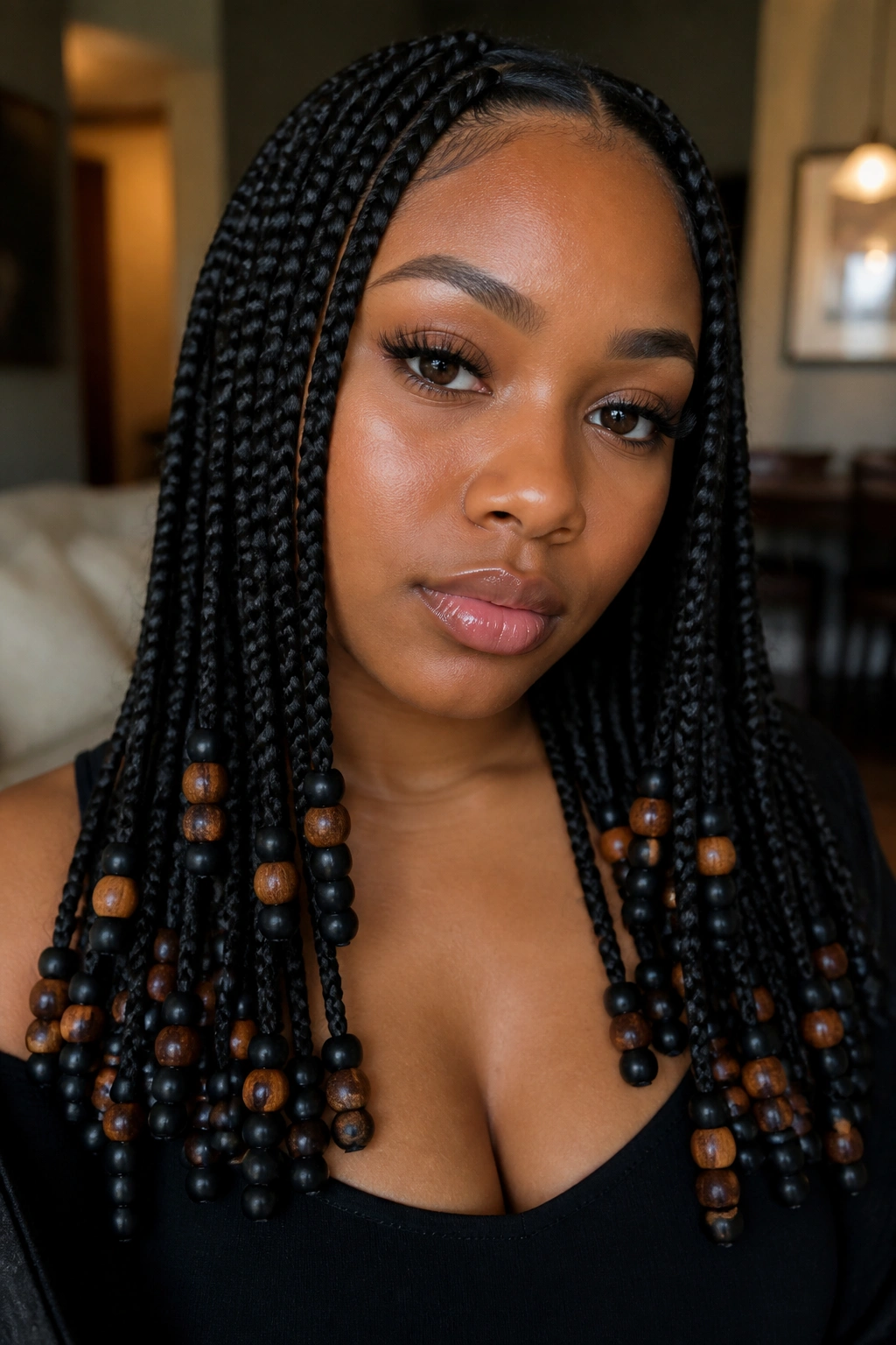 Close-up of real person with box braids wearing matte black beads and wooden beads