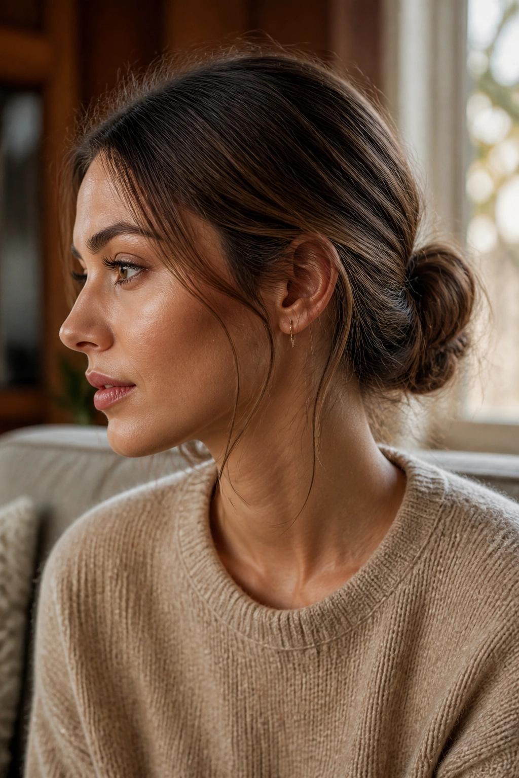 Close-up portrait of a woman with a matte-texture low bun