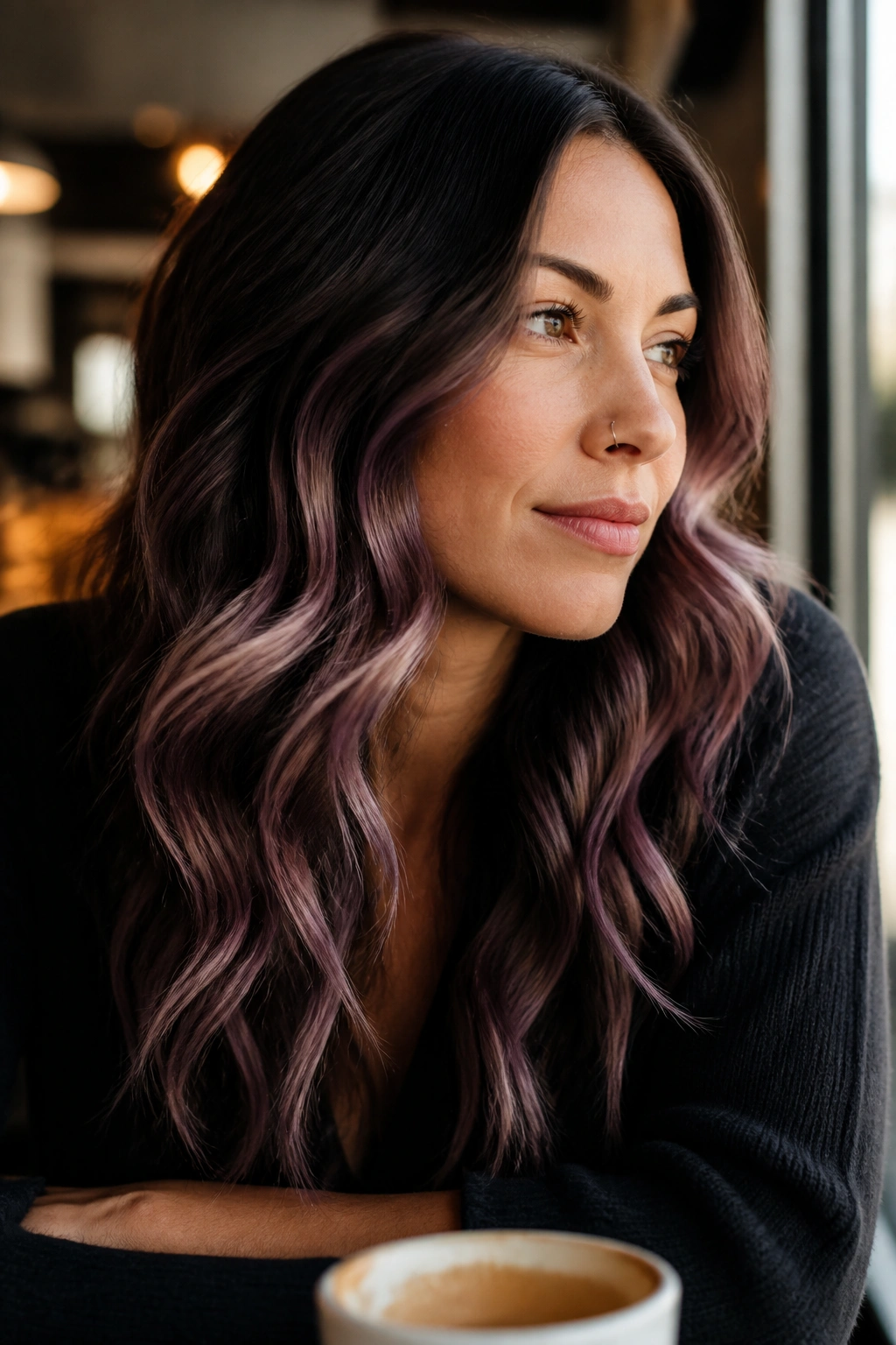 Real woman with mauve-tinted highlights in soft waves.