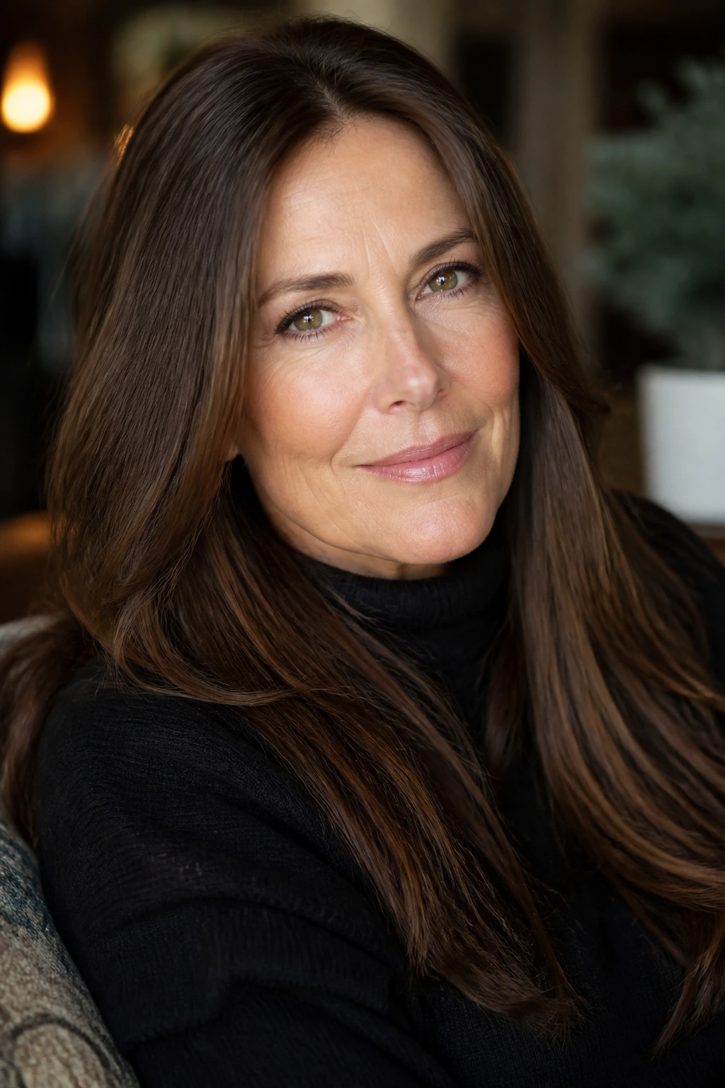 Close-up portrait of a real woman with medium brown gloss hair