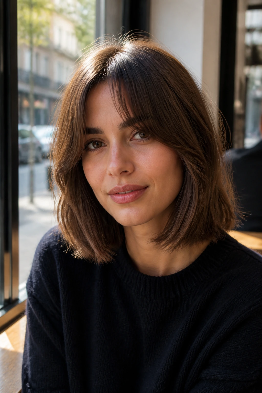 Close-up portrait of a real woman with a medium French bob and long curtain bangs at a sunlit cafe