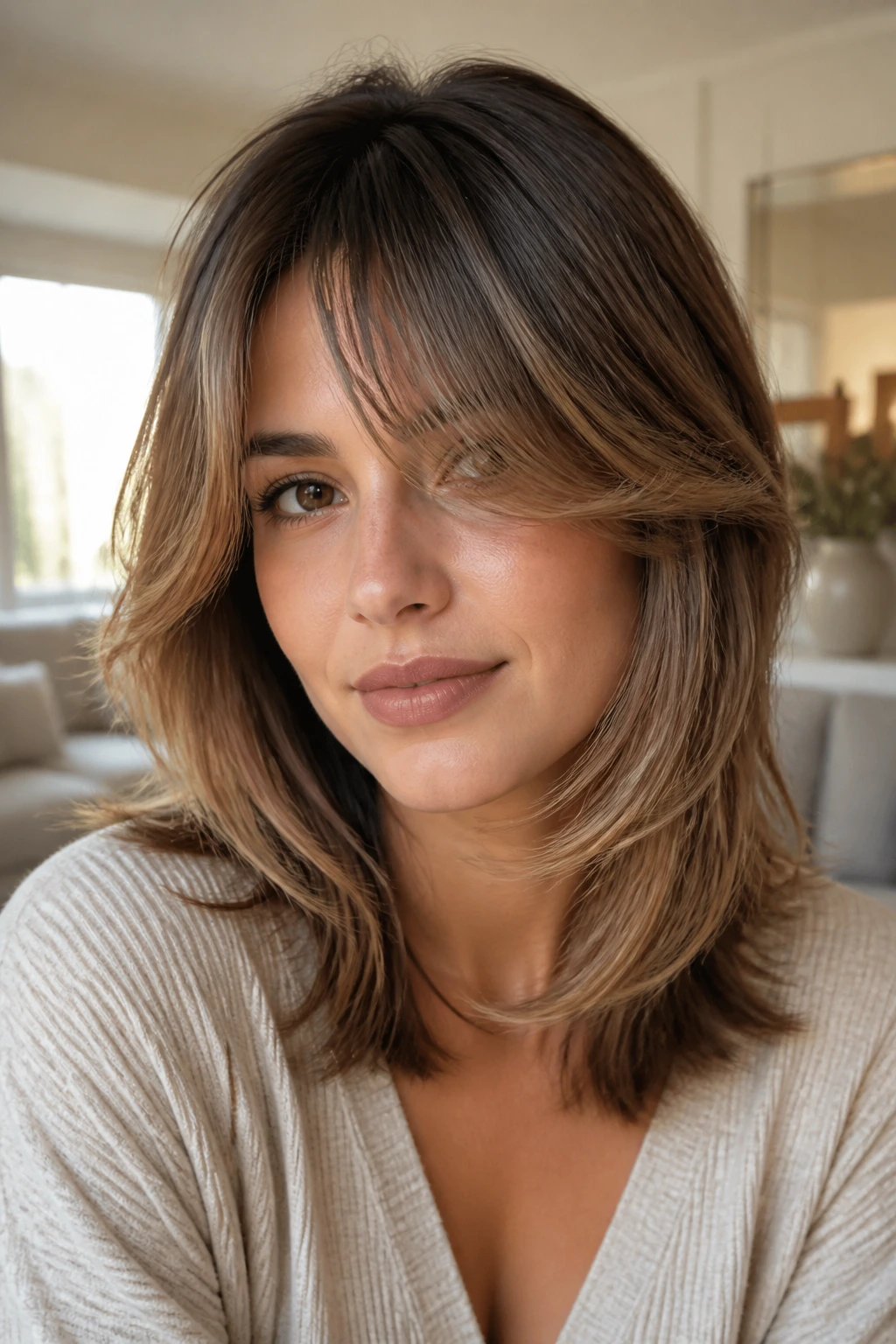 Close-up of a real woman with long fringe and soft ends in a cozy room