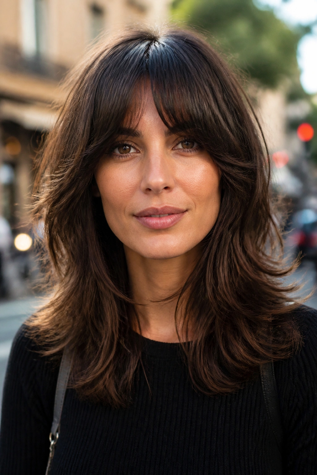 Close-up of a real person with bottleneck bangs and a medium shag in soft daylight.
