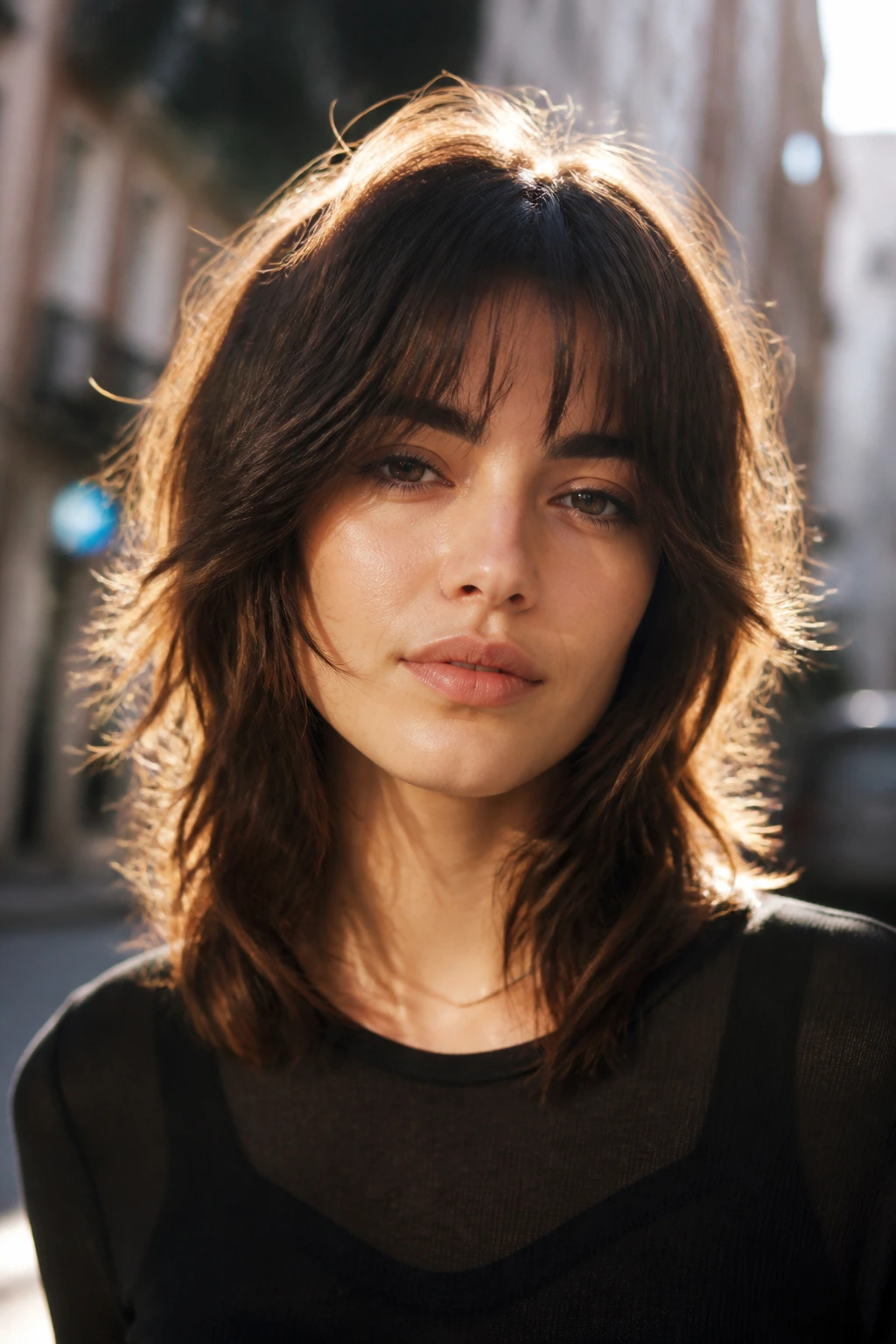 Close-up of a real person with a medium wolf cut