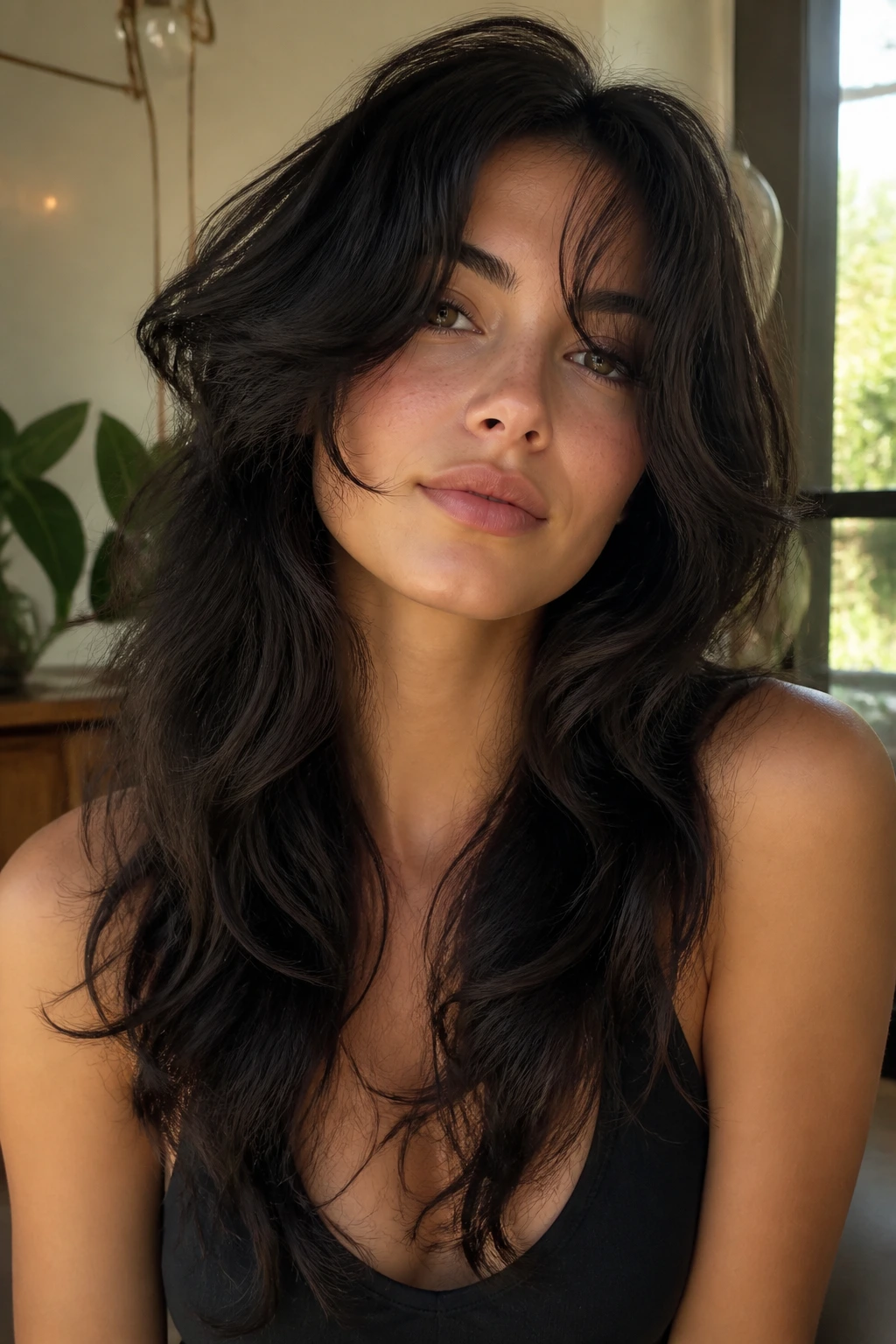 Close-up portrait of a real woman with a Medusa-inspired long cut showing broken layers