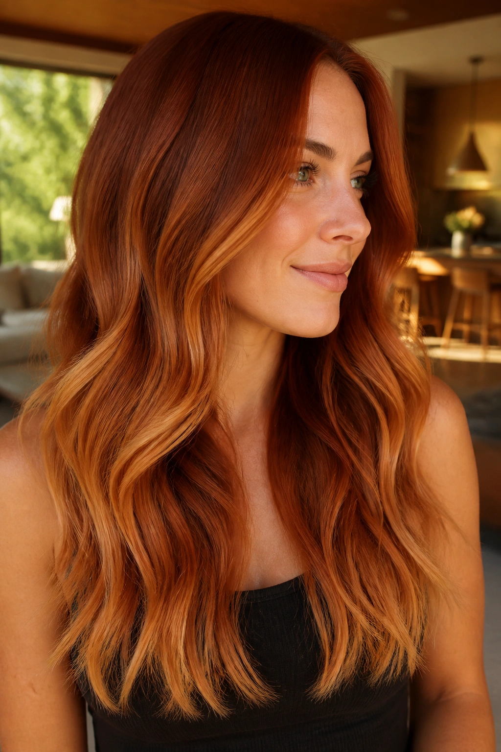 Close-up of a real woman with melted copper hair in warm indoor light