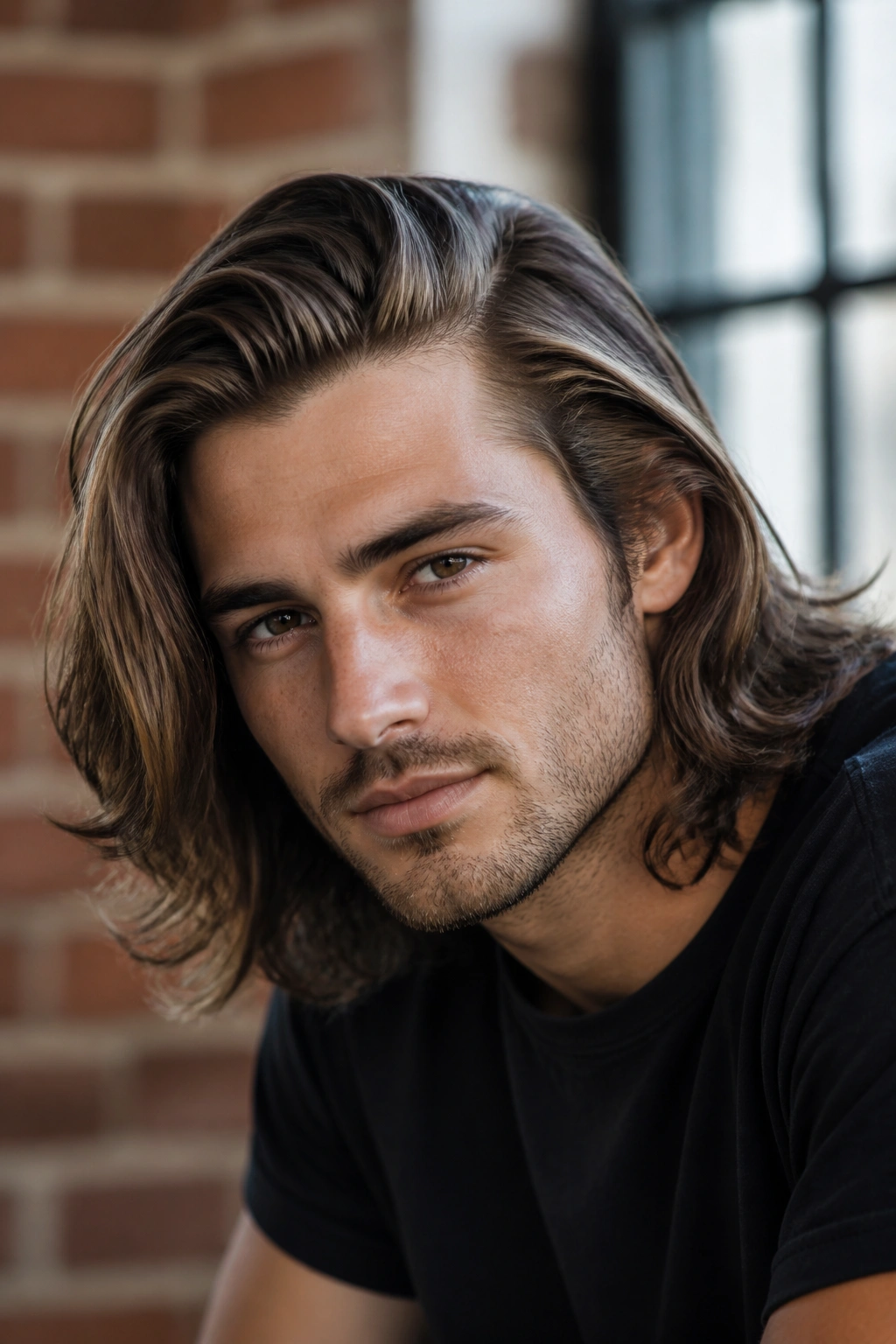 Close-up of a man with bro flow and side part