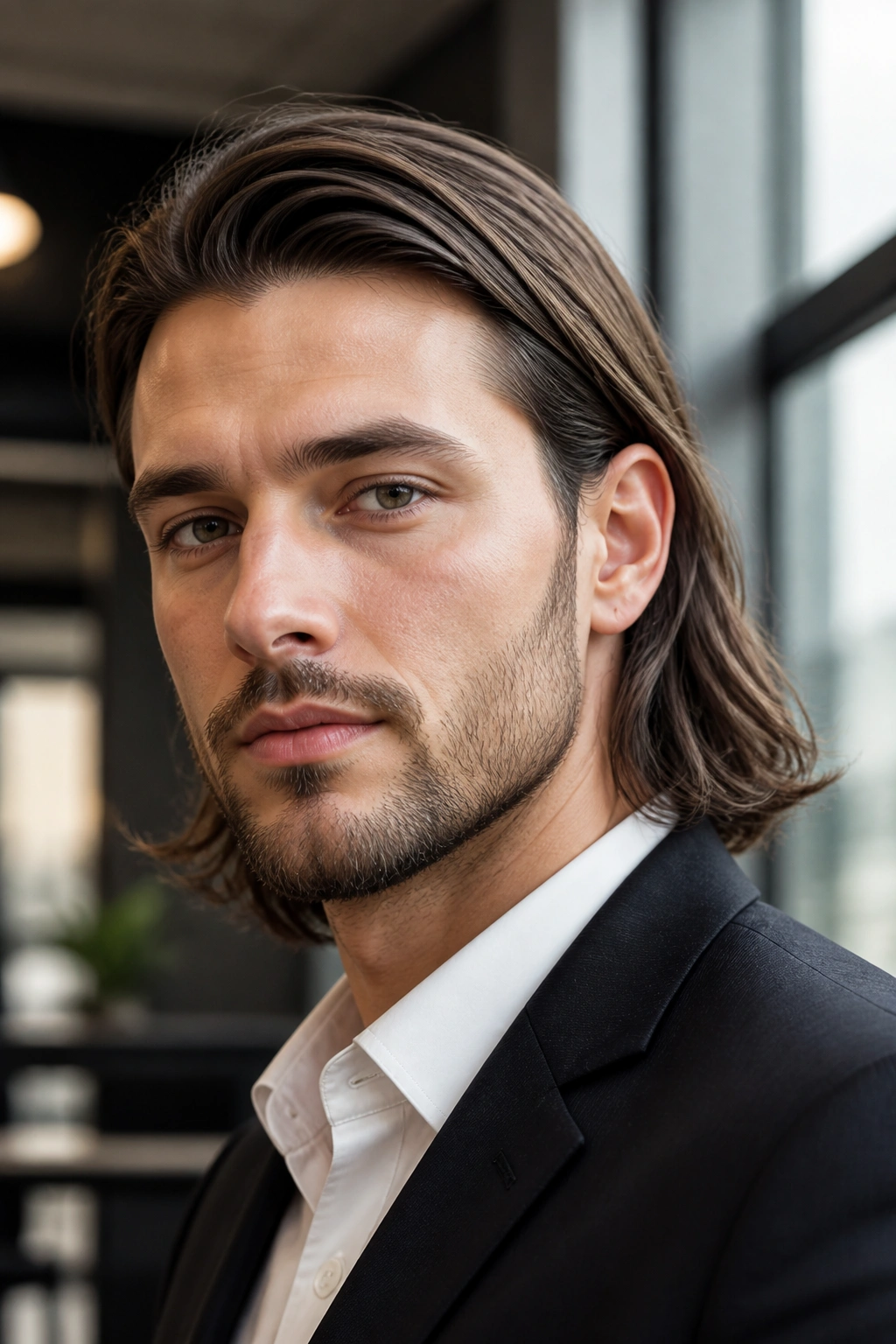 Close-up of a man with a sleek tucked-behind-ear side part