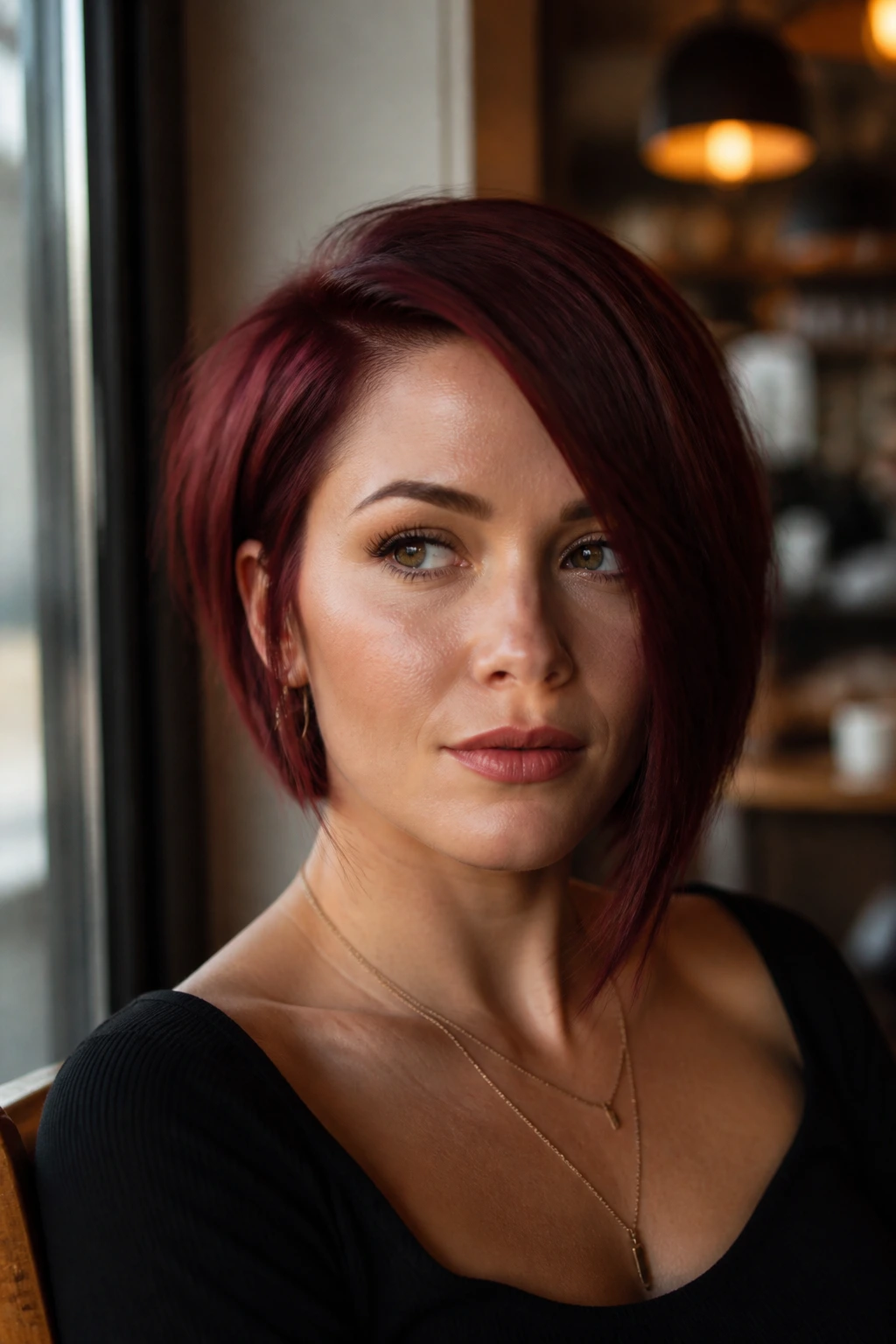 Close-up of a real woman with a merlot auburn asymmetrical bob in a cafe window-lit setting.