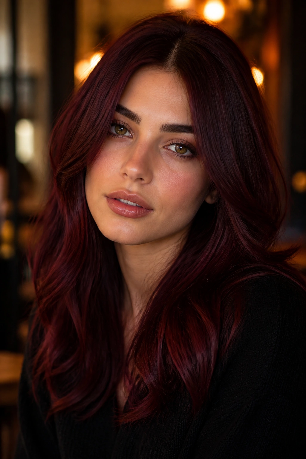 Close-up of a real woman with Merlot Auburn hair in deep red mood