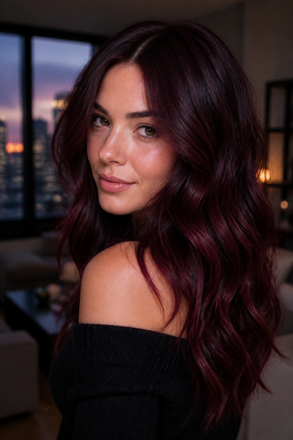 Close-up portrait of brunette with Merlot Brunette plum-red reflect