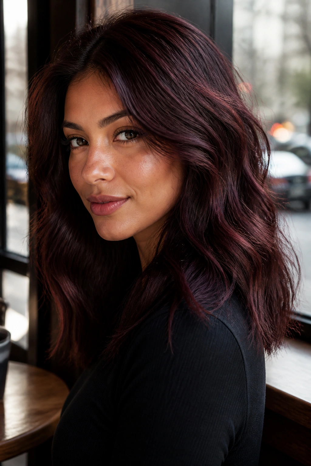 Close-up of a real woman's hair with Merlot Brunette plum-red tones