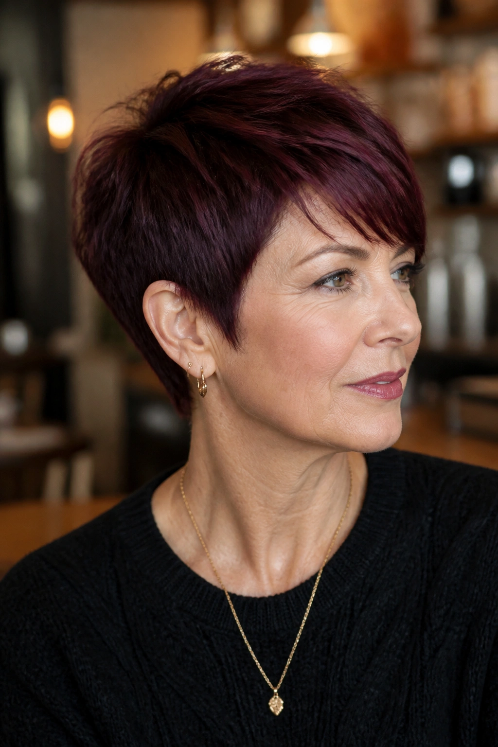 Close-up of a person with merlot pixie depth in plum tones, glossy finish