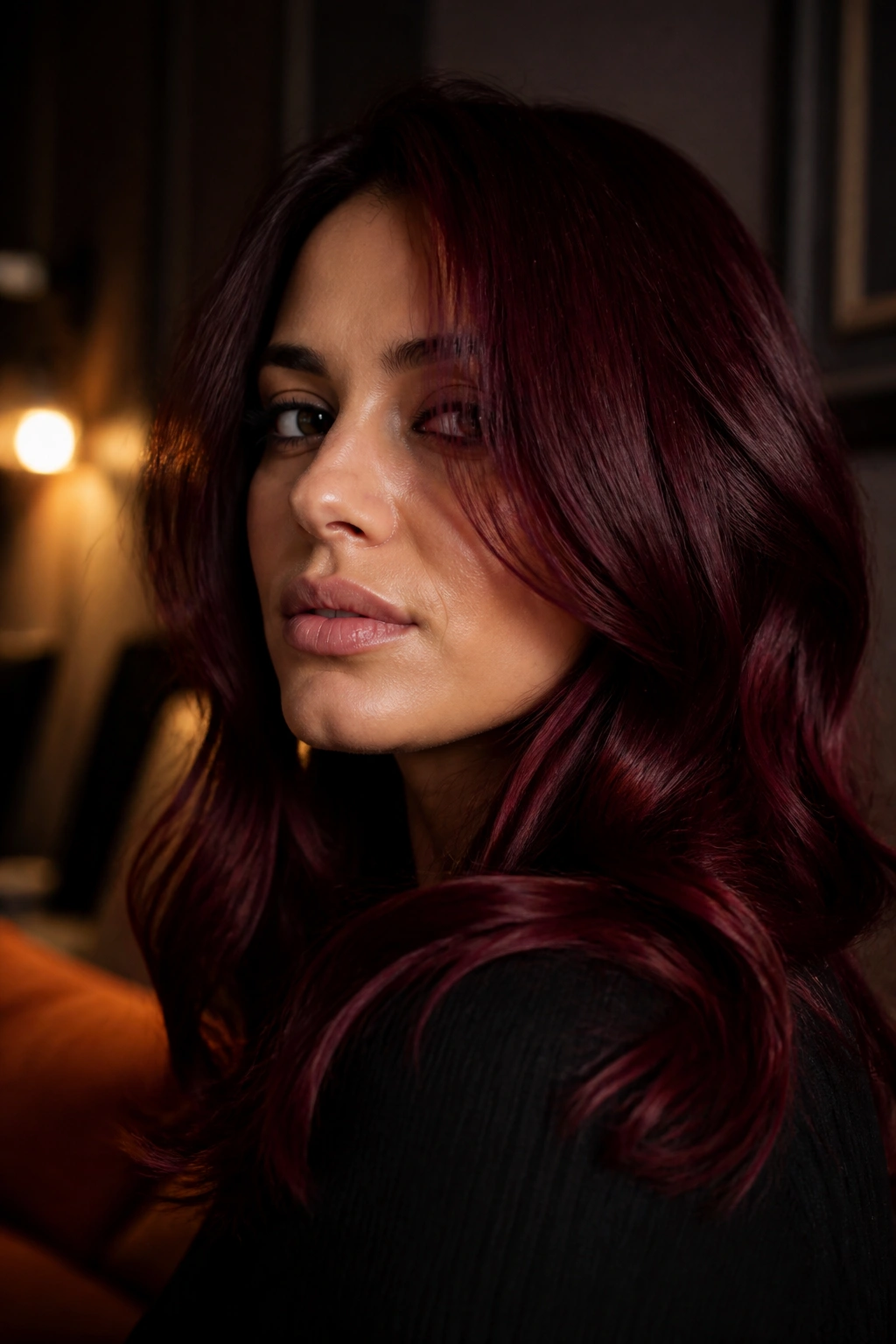 Close-up portrait of a person with merlot red hair showing deep blue-red depth