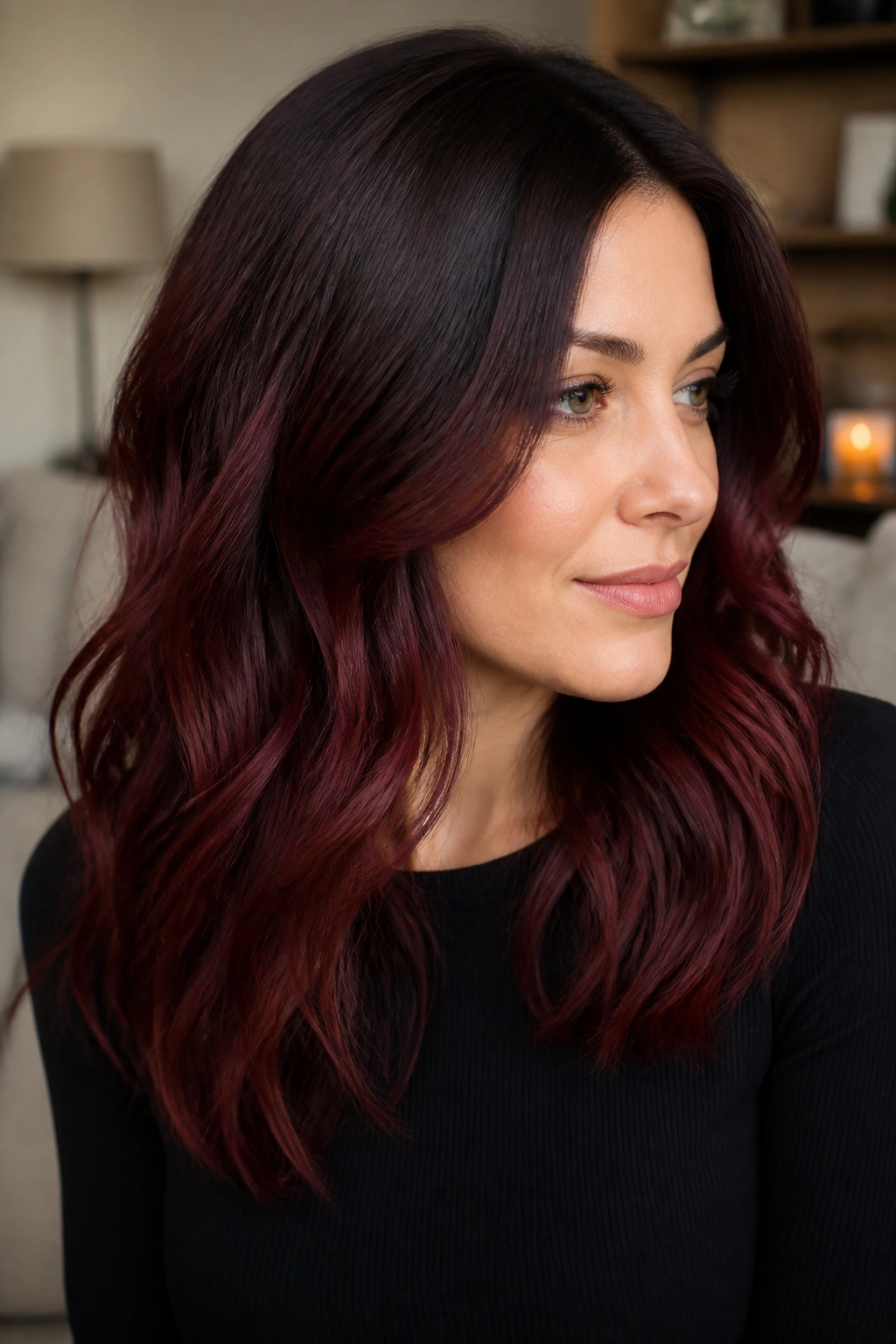 Real woman with merlot root melt hair in a cozy living room