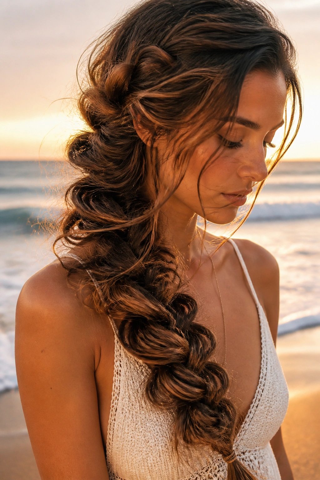 Close-up of a real woman with a wide mermaid braid over the shoulder at the beach