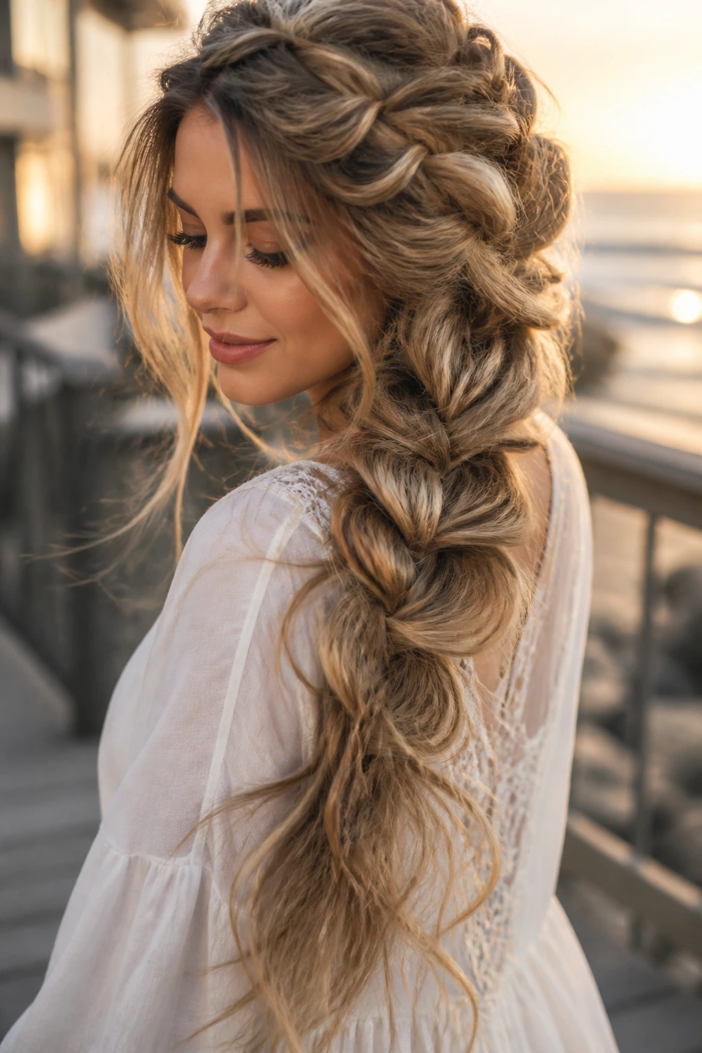 Close-up of a real woman with a mermaid braid on a seaside background