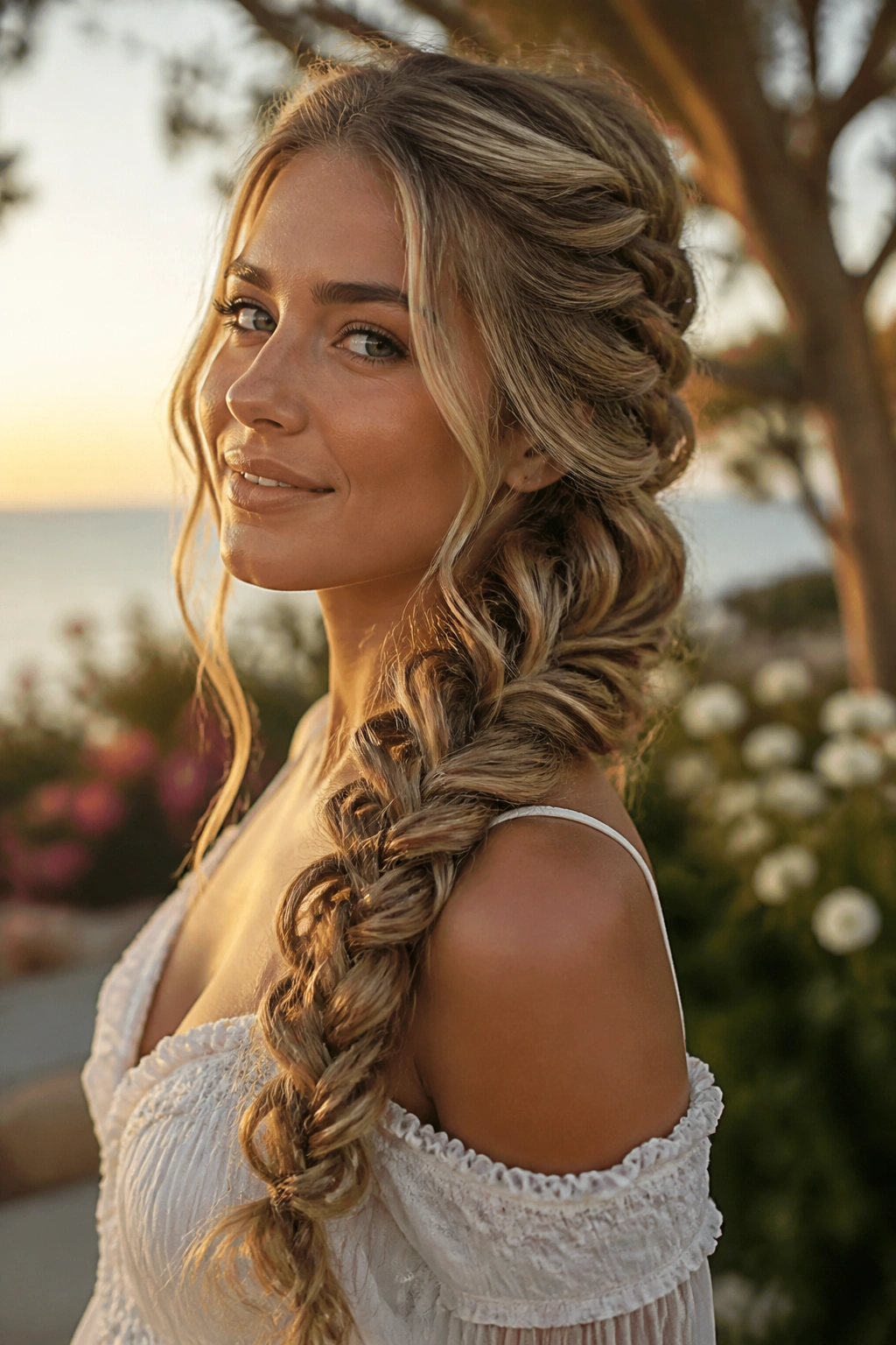 Close-up of a real woman with a loose mermaid braid over her shoulder in outdoor light