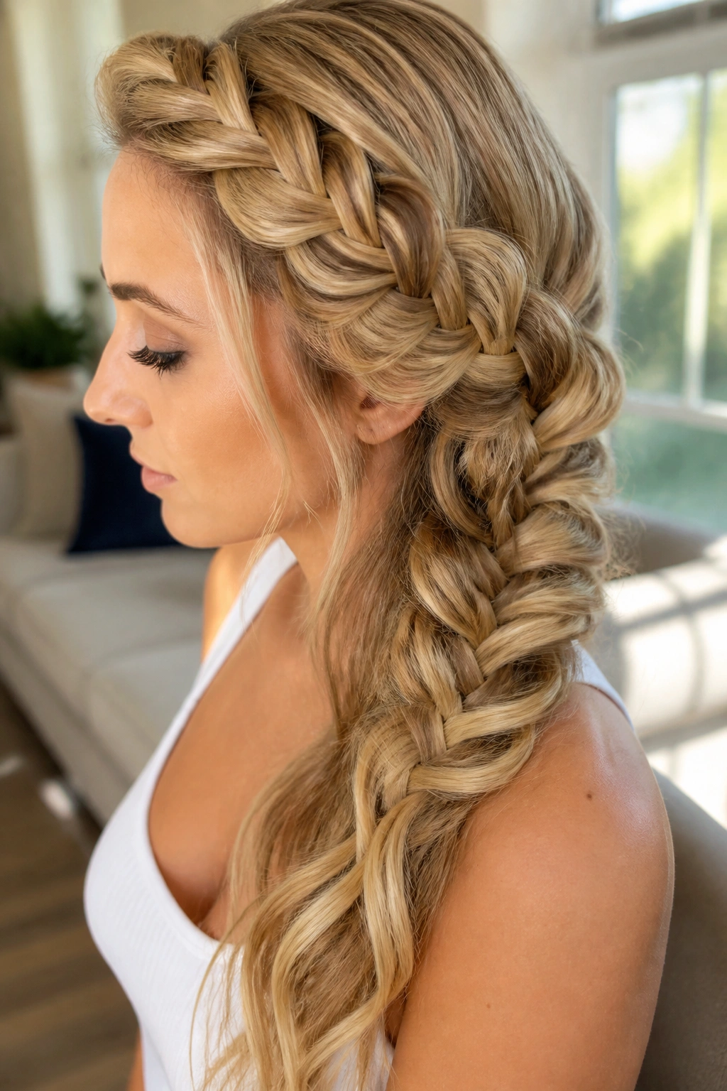 Profile view of a mermaid braid with pancaked sides on a real woman