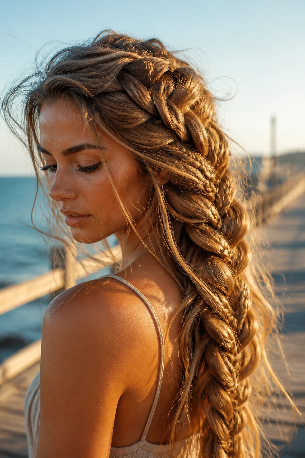 Close-up of a woman with a mermaid braid showing scale-like texture in natural seaside light.