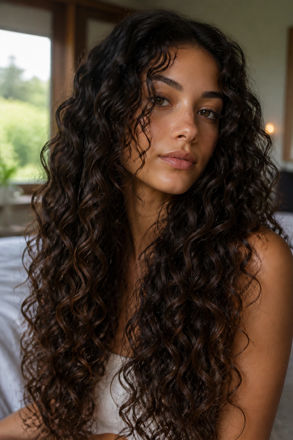 Close-up of a real woman with long mermaid curls featuring defined clumps in warm natural window light