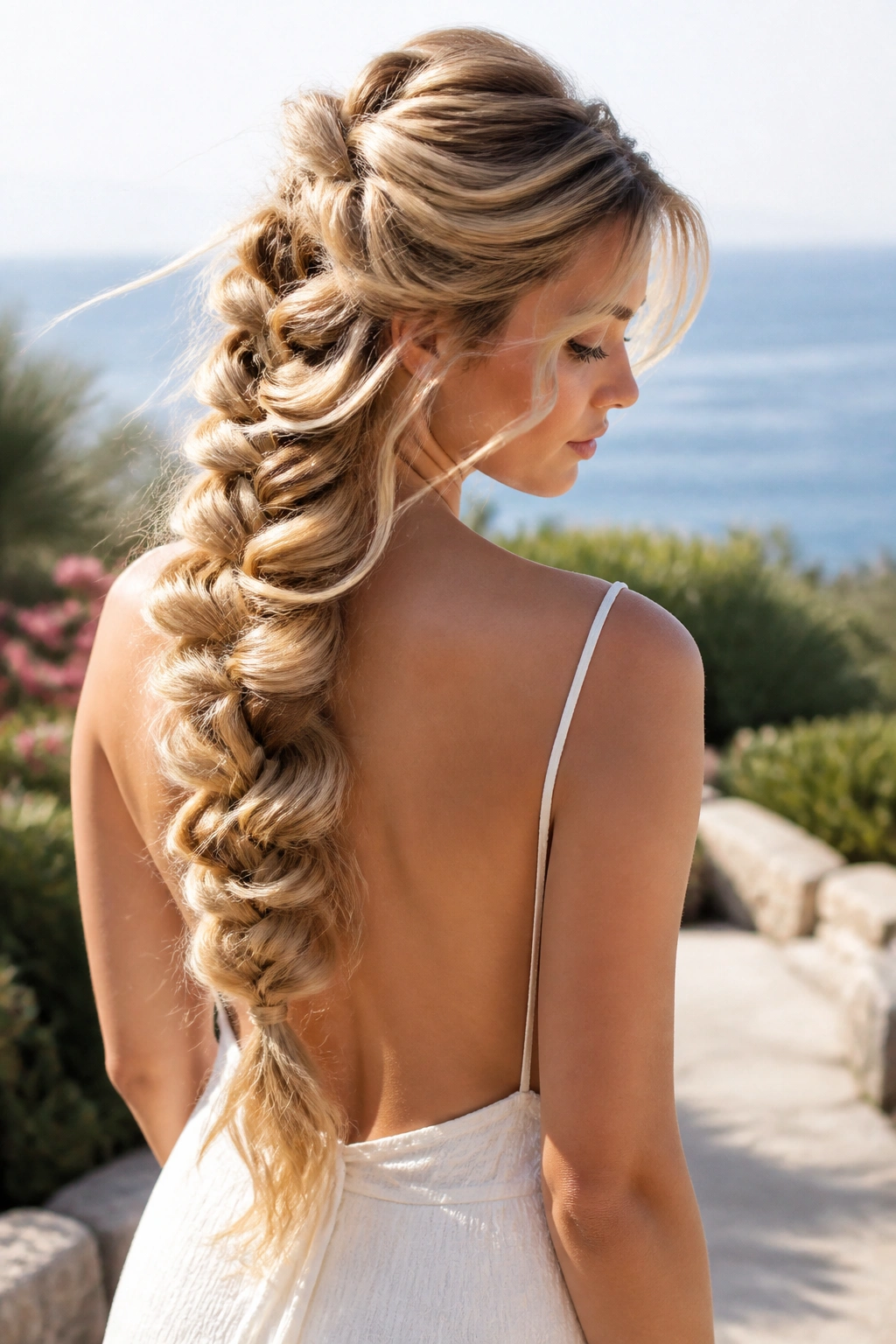 Close-up of a real woman with a loose mermaid braid.