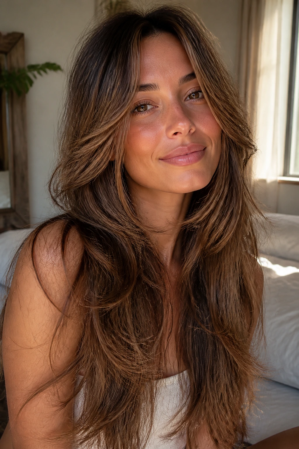 Close-up of a real woman with face-framing mermaid shag, long hair past shoulders
