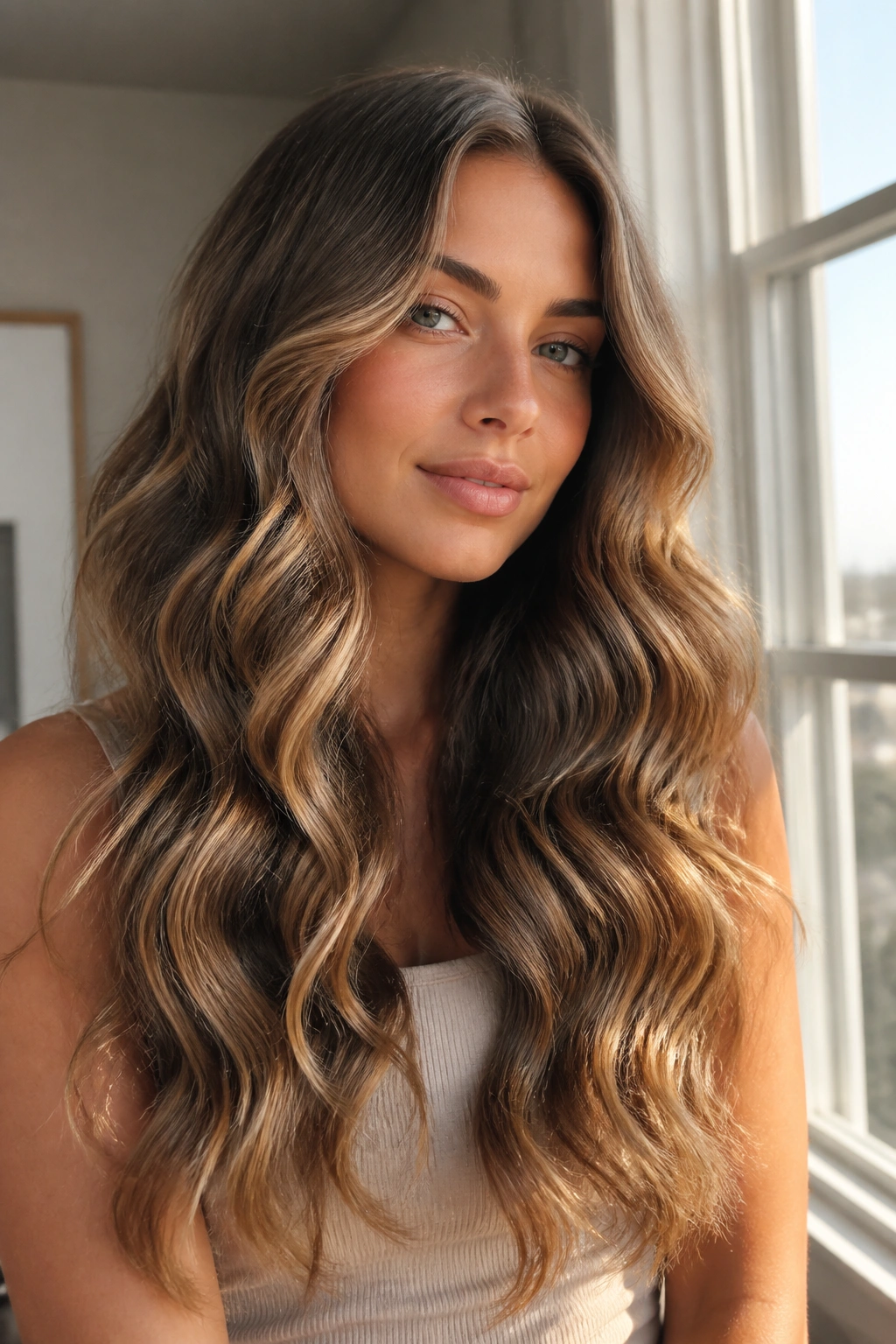 Close-up of real woman's long mermaid waves with glossy finish