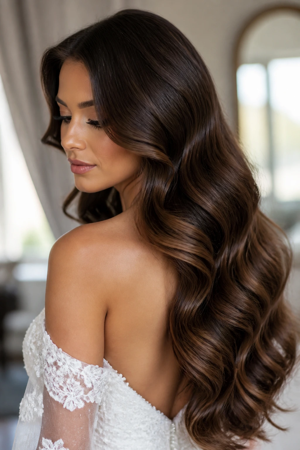 Close-up of a bride with long mermaid waves and a glossy finish