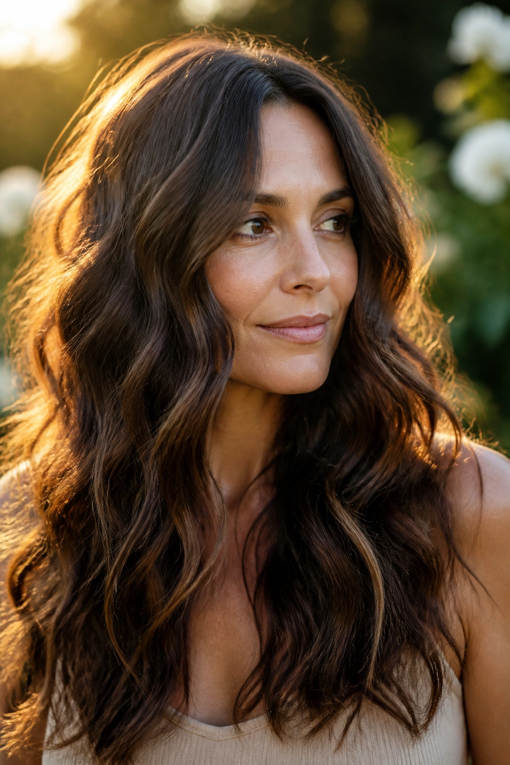 Real woman with dark brown hair in loose mermaid waves.