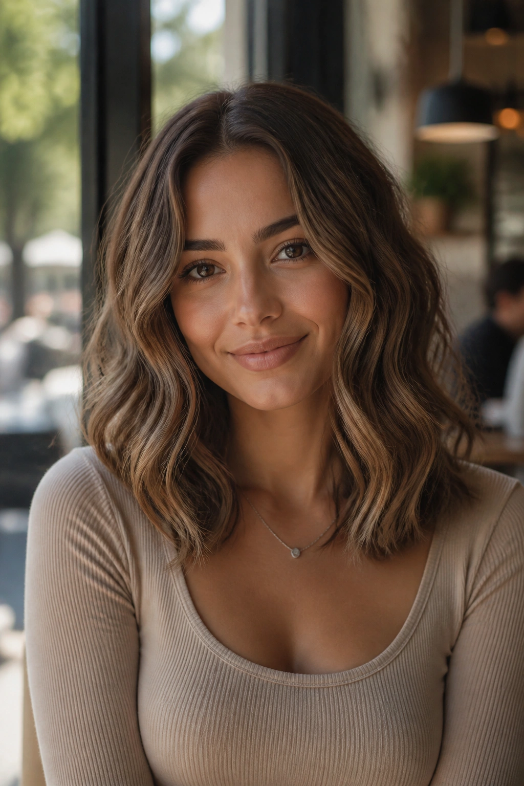 Portrait of a woman with middle-part mermaid waves at collarbone length in a sunlit window setting