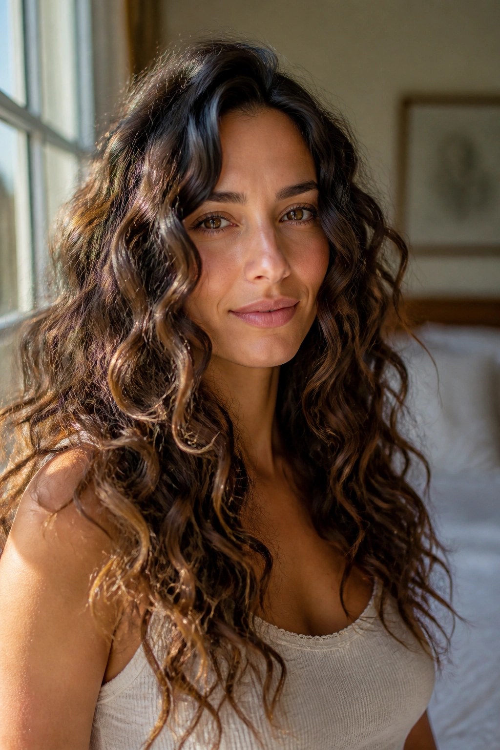 Close-up portrait of a woman with mermaid waves on natural curls beside a window.
